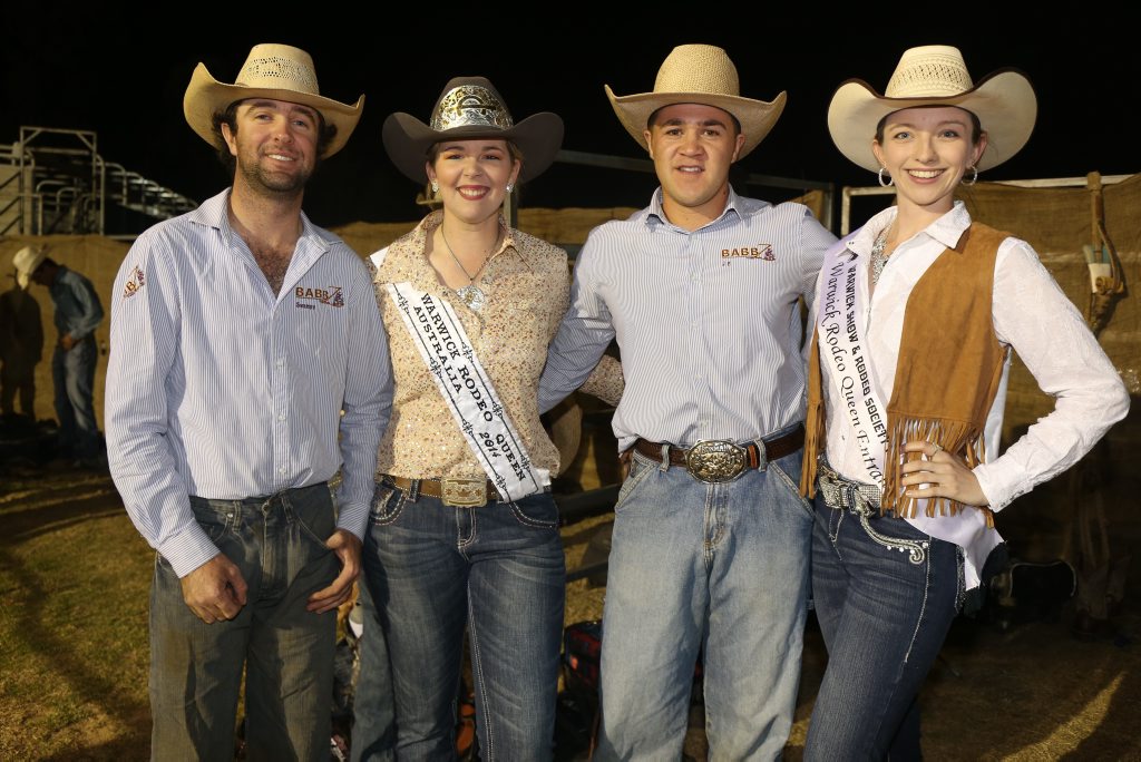 Bull rider Matthew Young, Miss Warwick Rodeo Erica Geppert, bull rider J.C. Davis and Miss Warwick Rodeo entrant Tamara Evans